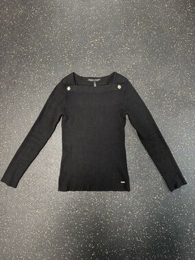 White House Black Market Black Ribbed Long-Sleeve Top with Button Accents
